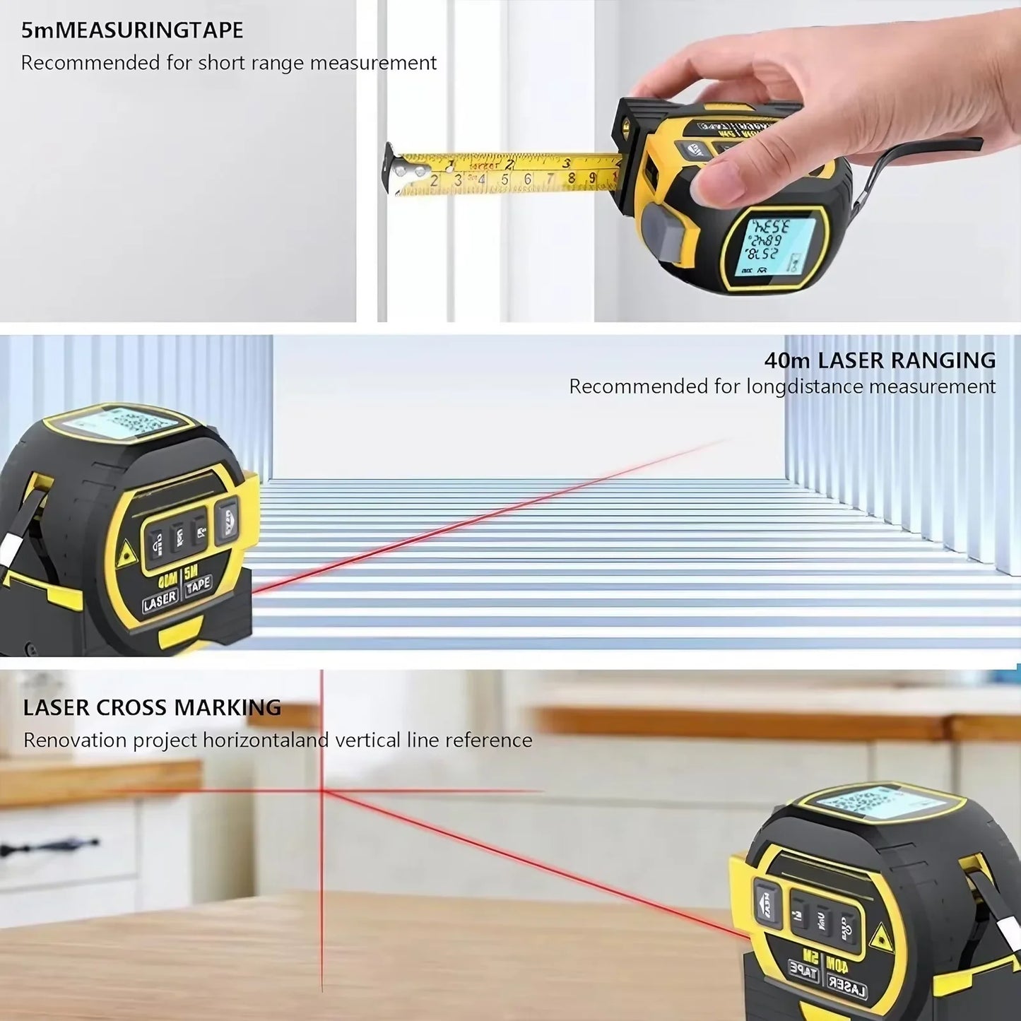 3-in-1 Laser Tape Measure, 60M Range