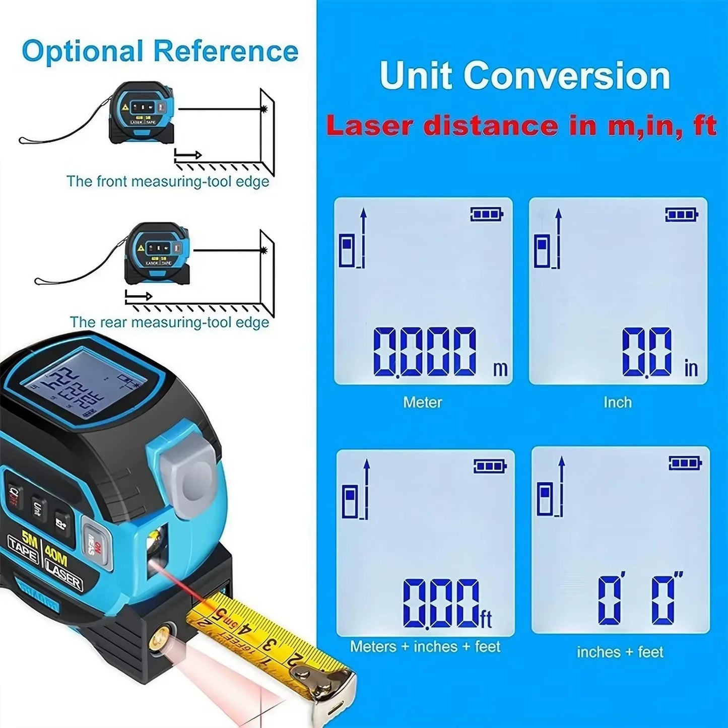 3-in-1 Laser Tape Measure, 60M Range