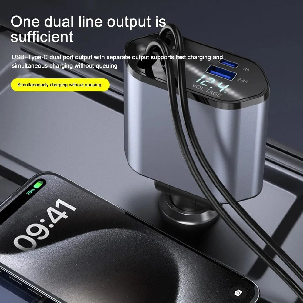 120W Retractable Dual USB Car Charger