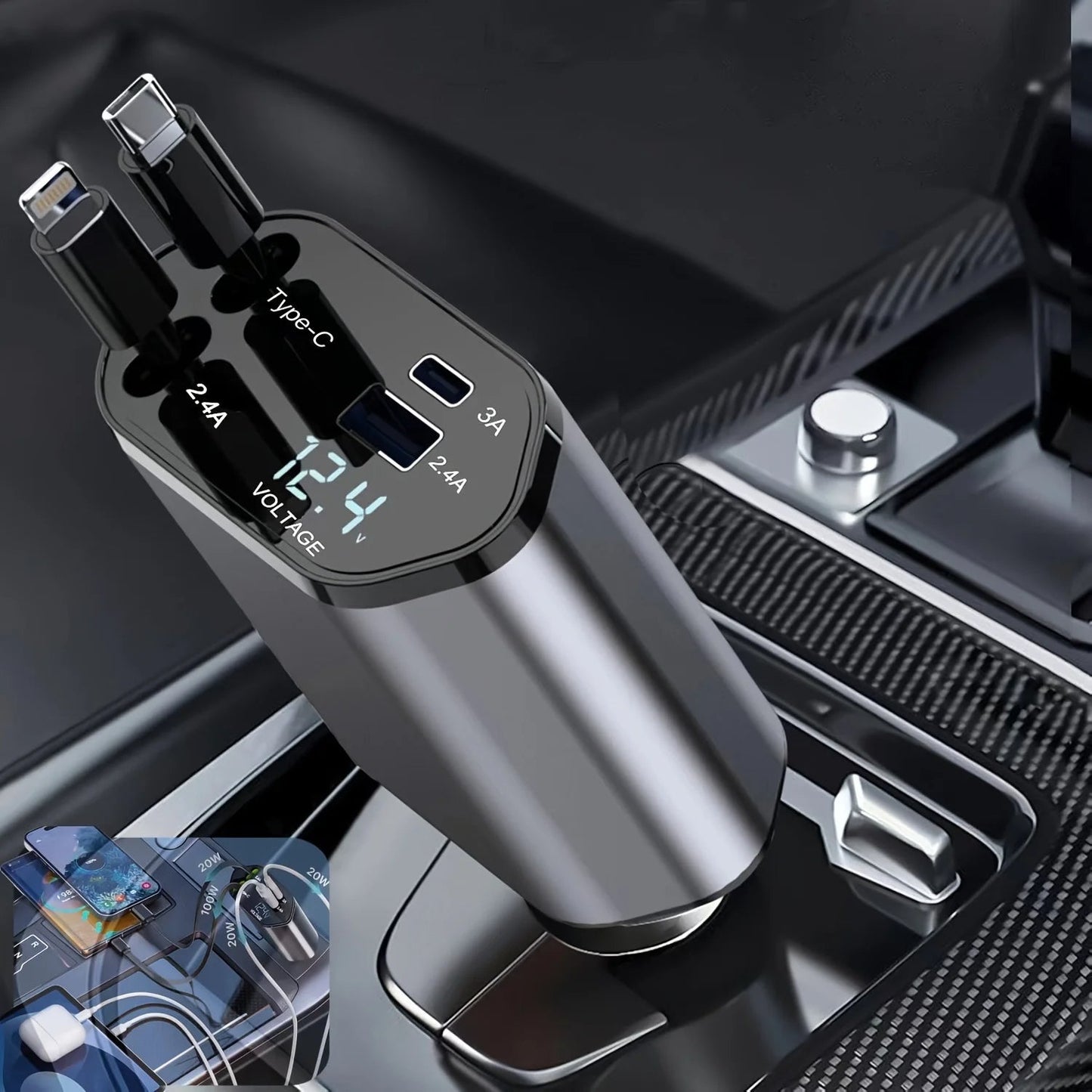 120W Retractable Dual USB Car Charger